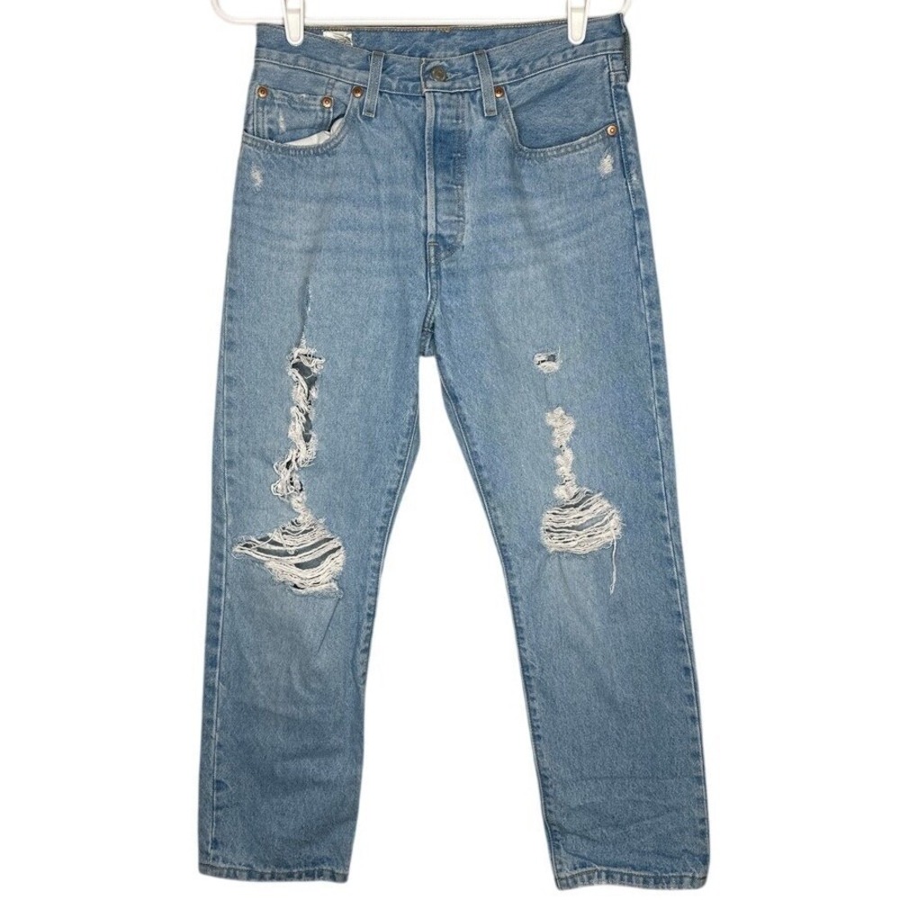 Levis 501 Original High Rise Straight Leg Distressed Blue Jeans W27 L26 Coquette